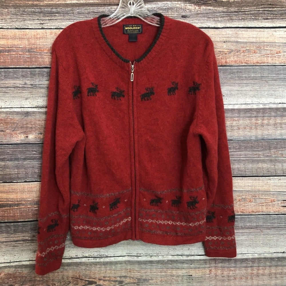Woolrich Size Medium Red Reindeer 100% Lambs Wool Zip Sweater